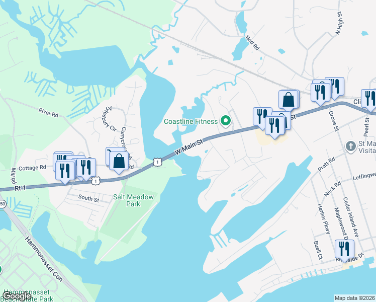 map of restaurants, bars, coffee shops, grocery stores, and more near 168 West Main Street in Clinton
