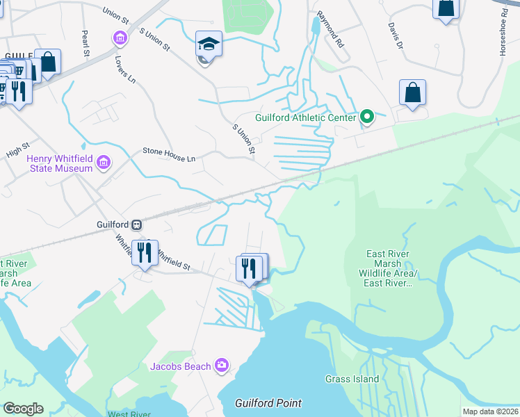 map of restaurants, bars, coffee shops, grocery stores, and more near 338 Old Whitfield Street in Guilford