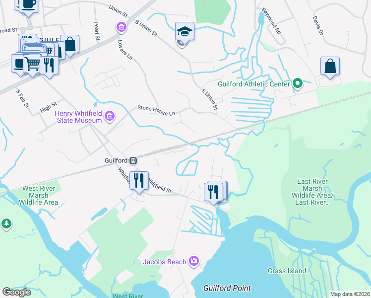 map of restaurants, bars, coffee shops, grocery stores, and more near 338 Old Whitfield Street in Guilford