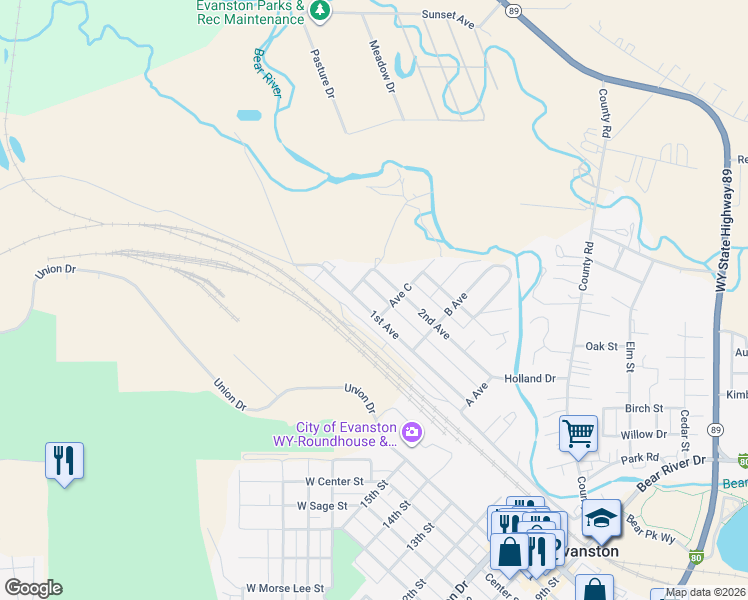 map of restaurants, bars, coffee shops, grocery stores, and more near 101-199 Avenue D in Evanston