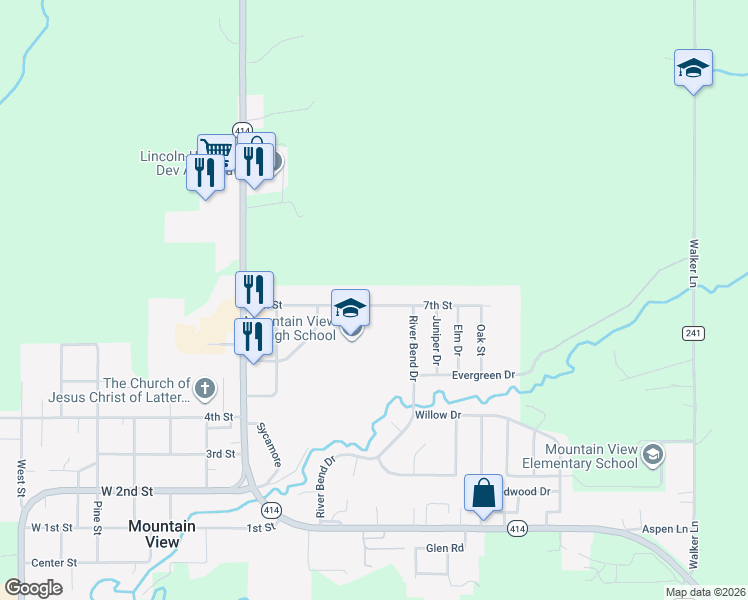map of restaurants, bars, coffee shops, grocery stores, and more near 405 7th Street in Fort Bridger