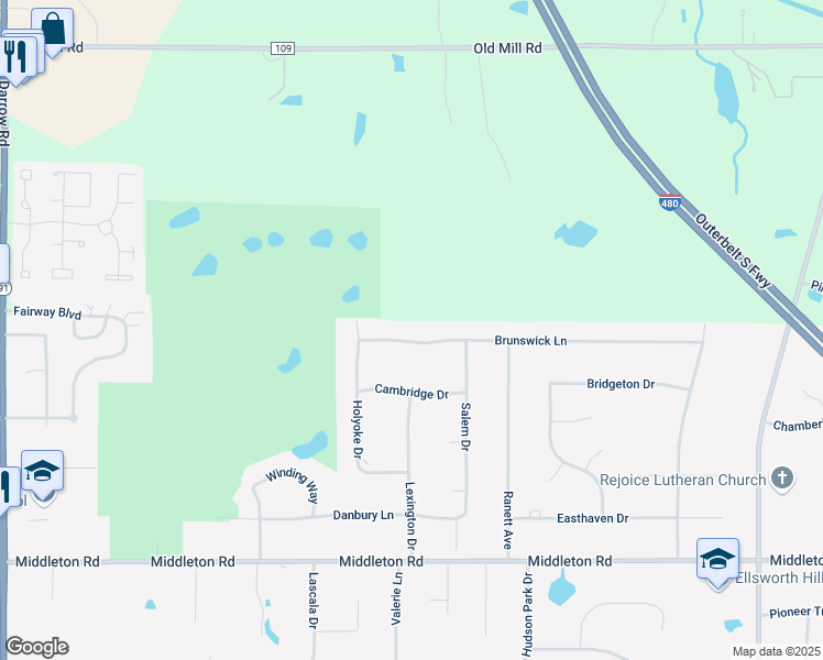 map of restaurants, bars, coffee shops, grocery stores, and more near 2417 Brunswick Lane in Hudson