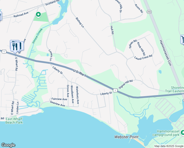 map of restaurants, bars, coffee shops, grocery stores, and more near 1061 Boston Post Road in Madison
