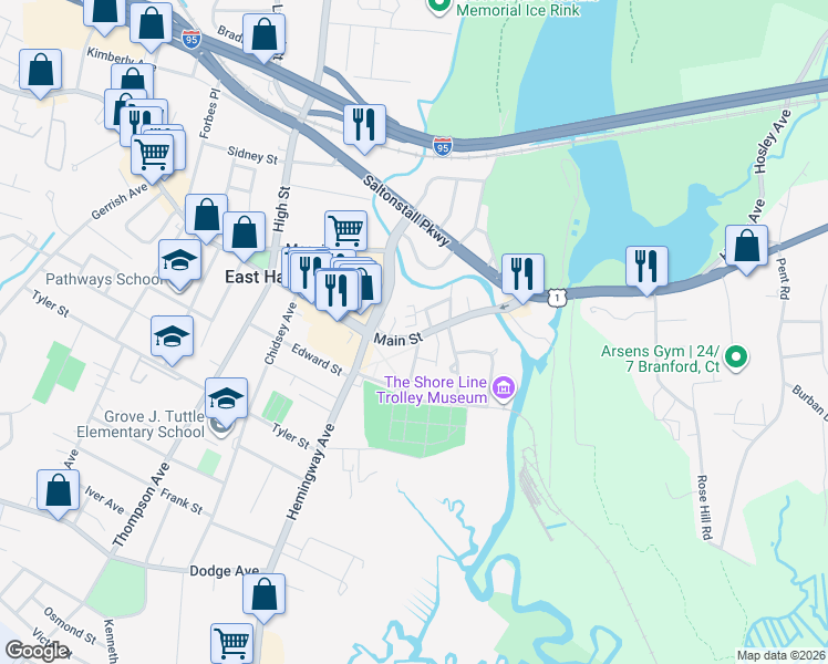 map of restaurants, bars, coffee shops, grocery stores, and more near 125 Main Street in East Haven