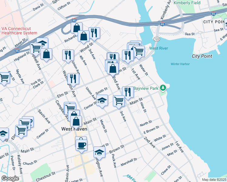 map of restaurants, bars, coffee shops, grocery stores, and more near 1 Smith Street in West Haven
