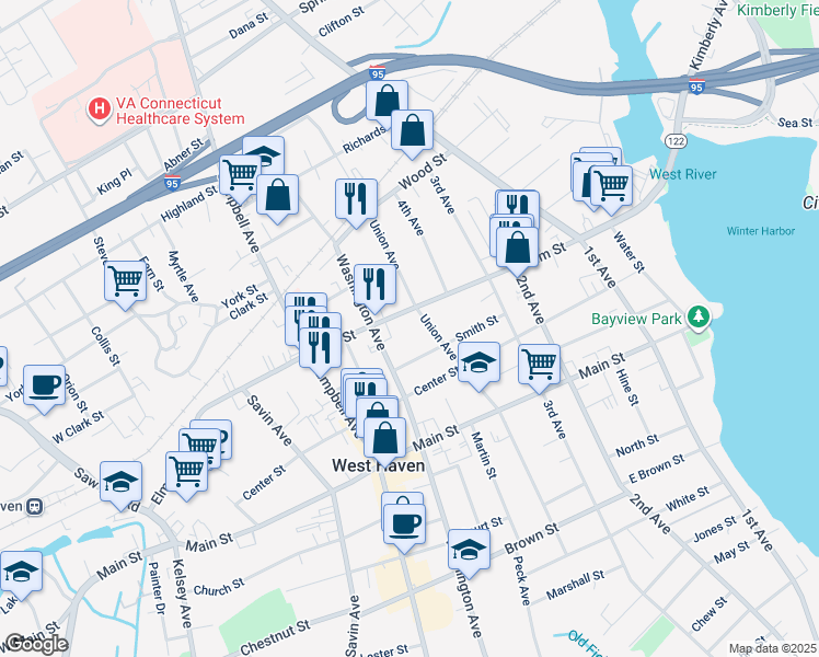 map of restaurants, bars, coffee shops, grocery stores, and more near in West Haven
