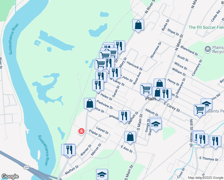 map of restaurants, bars, coffee shops, grocery stores, and more near 15 Diana Street in Wilkes-Barre