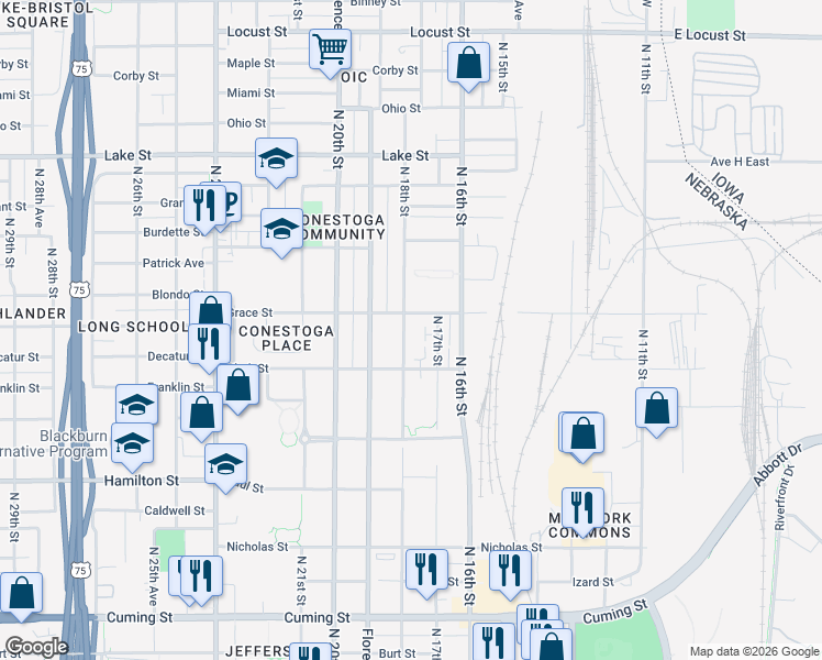 map of restaurants, bars, coffee shops, grocery stores, and more near 2006 North 18th Street in Omaha