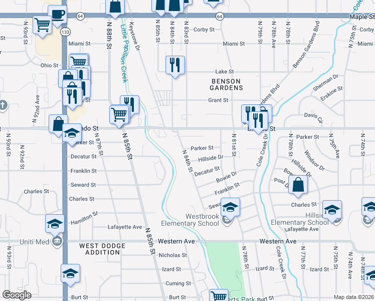 map of restaurants, bars, coffee shops, grocery stores, and more near 8333 Parker Court in Omaha