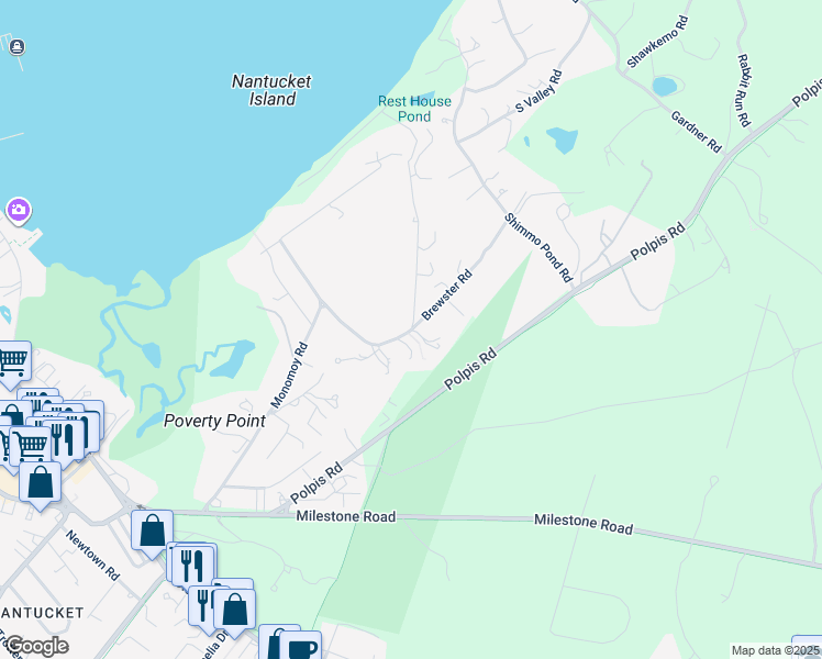 map of restaurants, bars, coffee shops, grocery stores, and more near 27 Brewster Road in Nantucket