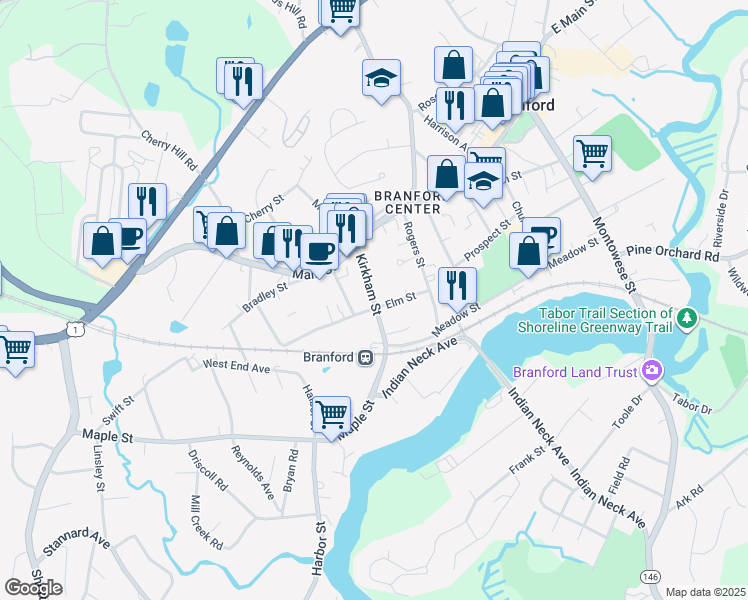 map of restaurants, bars, coffee shops, grocery stores, and more near Kirkham Street in Branford