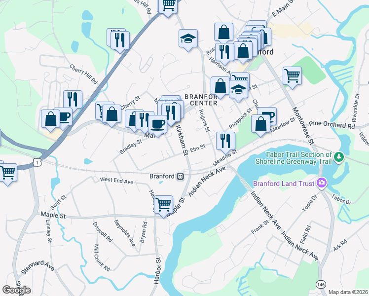 map of restaurants, bars, coffee shops, grocery stores, and more near Kirkham Street in Branford