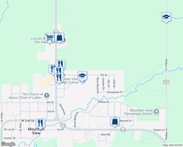 map of restaurants, bars, coffee shops, grocery stores, and more near 405 7th Street in Fort Bridger