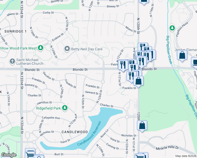 map of restaurants, bars, coffee shops, grocery stores, and more near 12305 Parker Street in Omaha