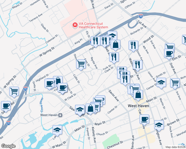 map of restaurants, bars, coffee shops, grocery stores, and more near 27 Ivy Circle in West Haven
