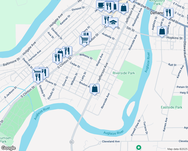 map of restaurants, bars, coffee shops, grocery stores, and more near 1001 Wayne Avenue in Defiance