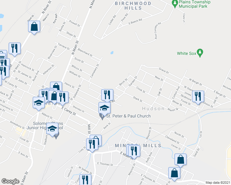 map of restaurants, bars, coffee shops, grocery stores, and more near 133 William Street in Wilkes-Barre