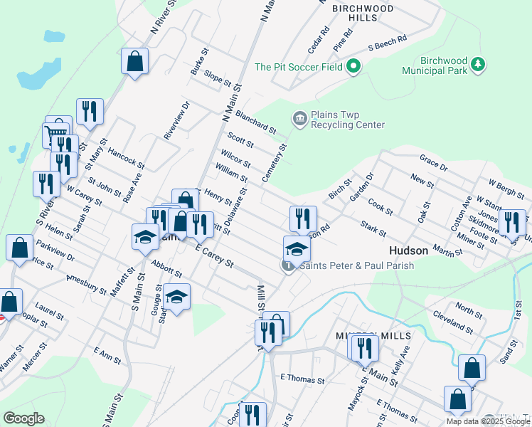 map of restaurants, bars, coffee shops, grocery stores, and more near 114 William St in Plains