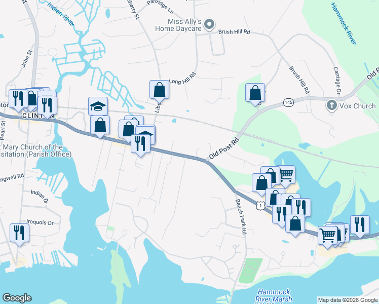 map of restaurants, bars, coffee shops, grocery stores, and more near 206 Lantern Court in Clinton