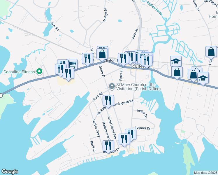 map of restaurants, bars, coffee shops, grocery stores, and more near 13 Palmer Terrace in Clinton
