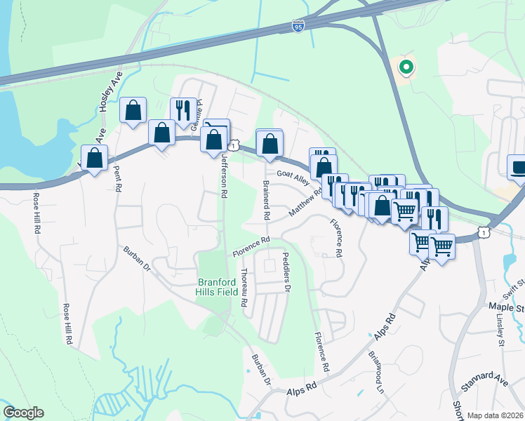 map of restaurants, bars, coffee shops, grocery stores, and more near 25A Brainerd Road in Branford