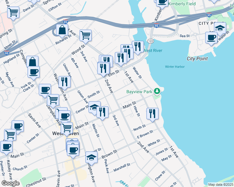 map of restaurants, bars, coffee shops, grocery stores, and more near 603 2nd Avenue in West Haven