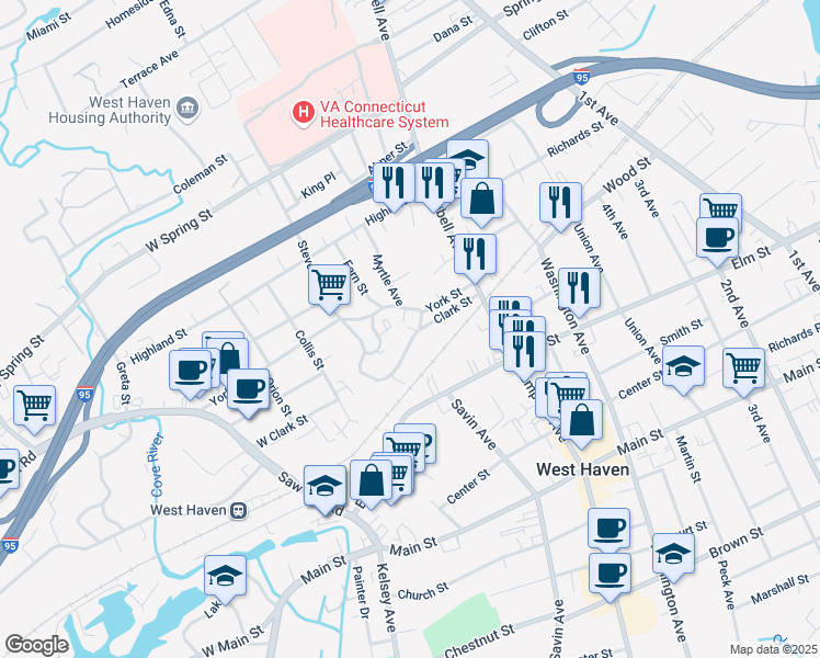 map of restaurants, bars, coffee shops, grocery stores, and more near 78 York Street in West Haven