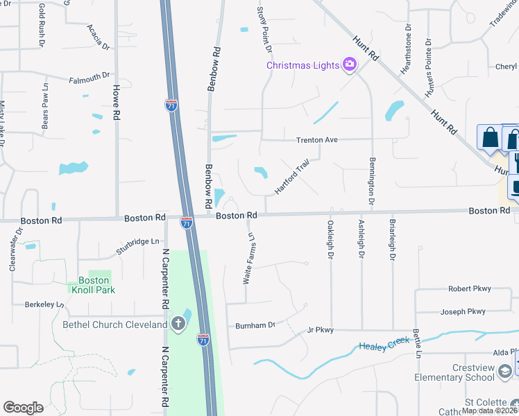 map of restaurants, bars, coffee shops, grocery stores, and more near 14981 Hartford Trail in Strongsville