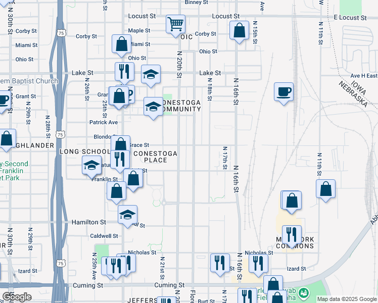 map of restaurants, bars, coffee shops, grocery stores, and more near 2004 Florence Boulevard in Omaha
