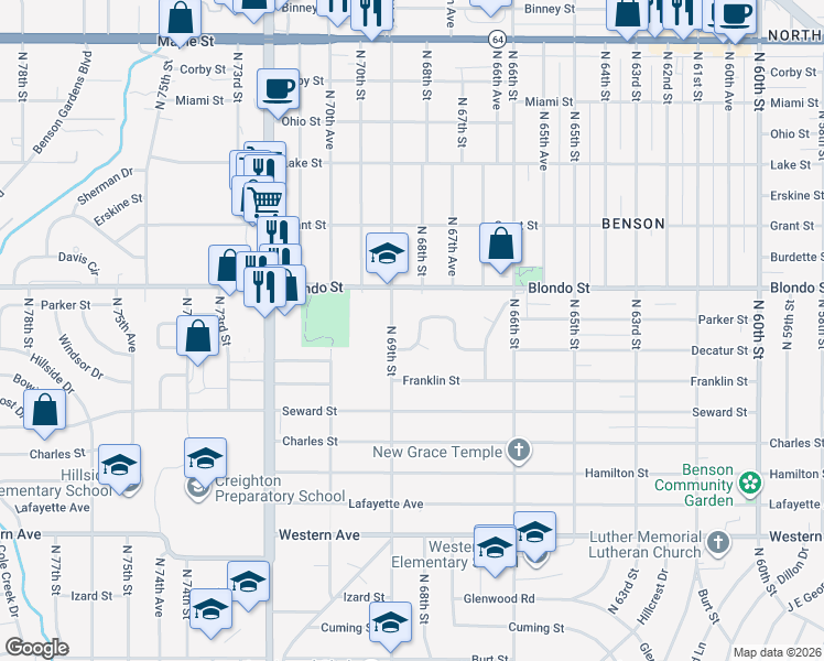 map of restaurants, bars, coffee shops, grocery stores, and more near 6658 Decatur Street in Omaha