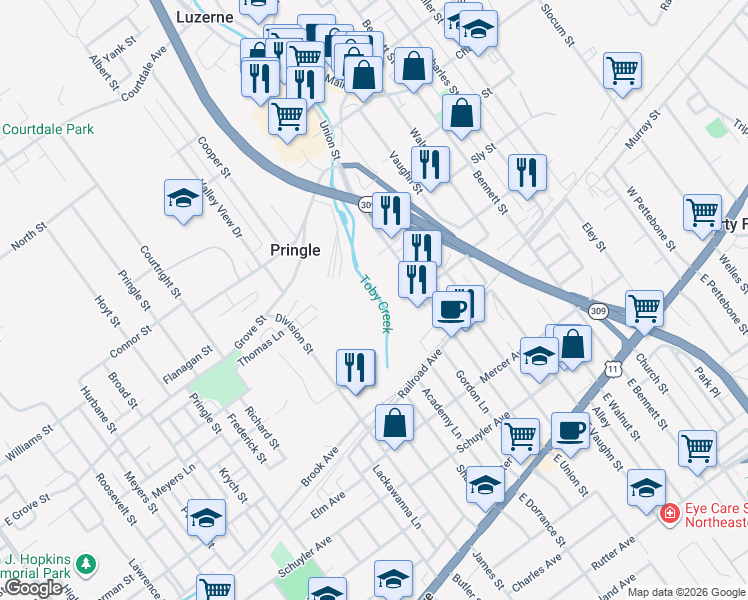 map of restaurants, bars, coffee shops, grocery stores, and more near 316r Union Street in Luzerne