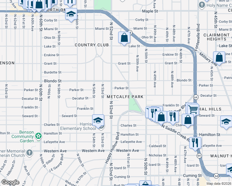 map of restaurants, bars, coffee shops, grocery stores, and more near 5127 Parker Street in Omaha