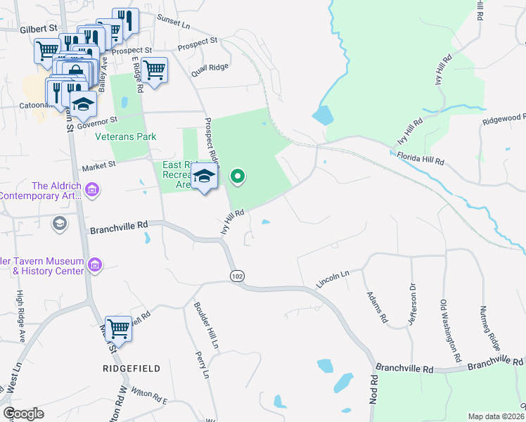 map of restaurants, bars, coffee shops, grocery stores, and more near 40 Ivy Hill Road in Ridgefield