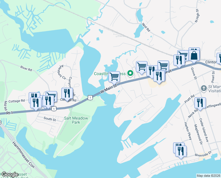 map of restaurants, bars, coffee shops, grocery stores, and more near 168 West Main Street in Clinton