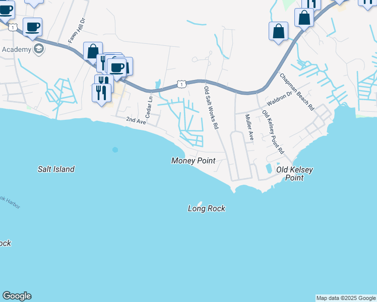 map of restaurants, bars, coffee shops, grocery stores, and more near 39 Pointina Road in Westbrook