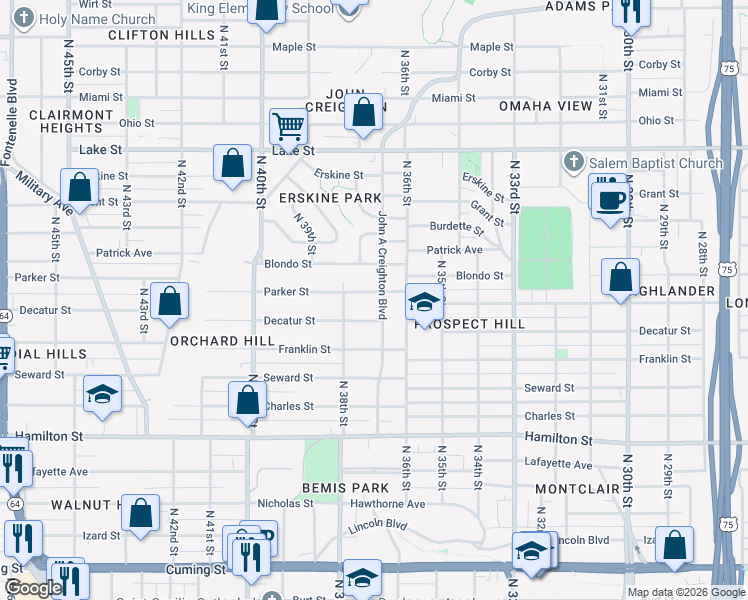 map of restaurants, bars, coffee shops, grocery stores, and more near 1903 John A Creighton Boulevard in Omaha