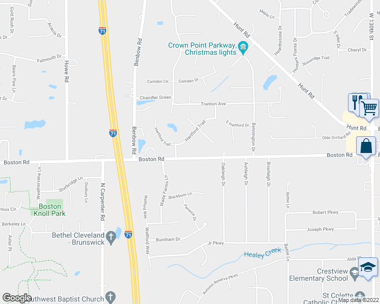 map of restaurants, bars, coffee shops, grocery stores, and more near 14855 Hartford Trail in Strongsville