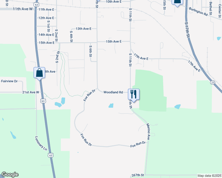 map of restaurants, bars, coffee shops, grocery stores, and more near 1103 Woodland Road in Oskaloosa