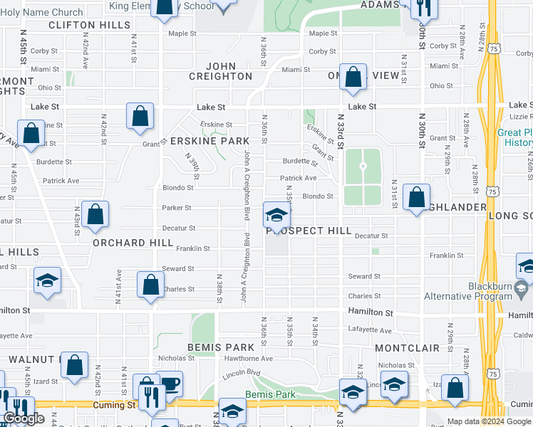 map of restaurants, bars, coffee shops, grocery stores, and more near 3524 Parker Street in Omaha