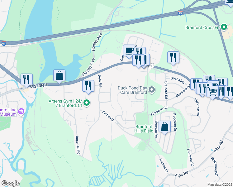 map of restaurants, bars, coffee shops, grocery stores, and more near 80 Sunny Meadow Road in Branford