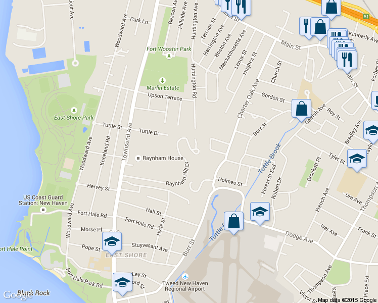 map of restaurants, bars, coffee shops, grocery stores, and more near 675 Raynham Hill Drive in New Haven