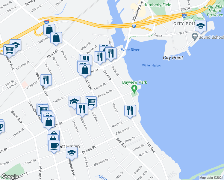 map of restaurants, bars, coffee shops, grocery stores, and more near 346 1st Avenue in West Haven