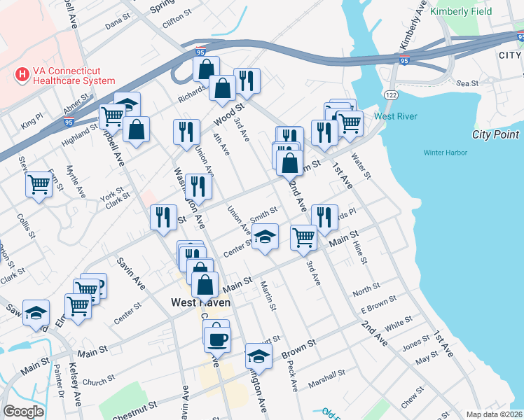 map of restaurants, bars, coffee shops, grocery stores, and more near 184 Elm Street in West Haven