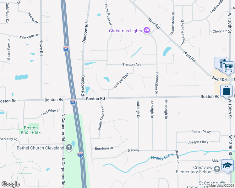 map of restaurants, bars, coffee shops, grocery stores, and more near 14855 Hartford Trail in Strongsville