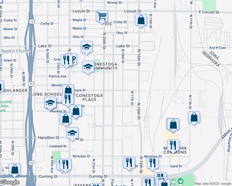 map of restaurants, bars, coffee shops, grocery stores, and more near 2006 North 18th Street in Omaha