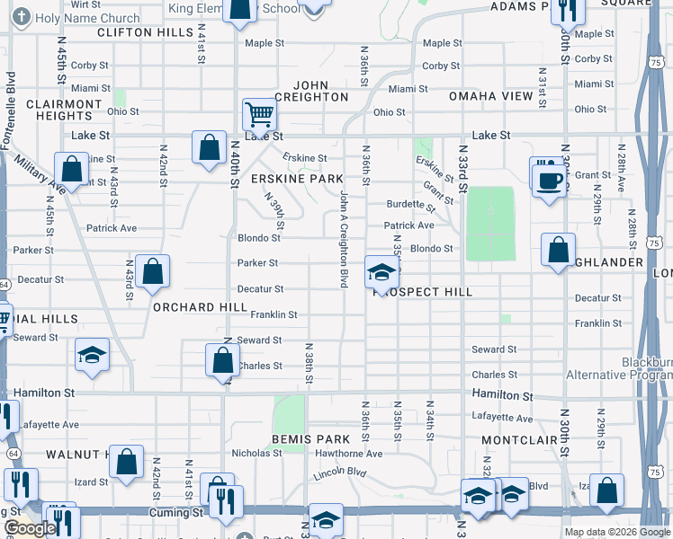 map of restaurants, bars, coffee shops, grocery stores, and more near 1903 John A Creighton Boulevard in Omaha