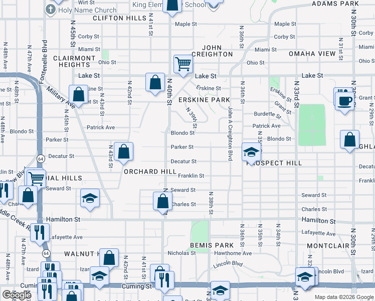 map of restaurants, bars, coffee shops, grocery stores, and more near 3860 Parker Street in Omaha