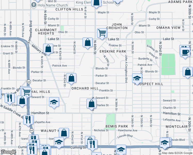 map of restaurants, bars, coffee shops, grocery stores, and more near 3860 Parker Street in Omaha