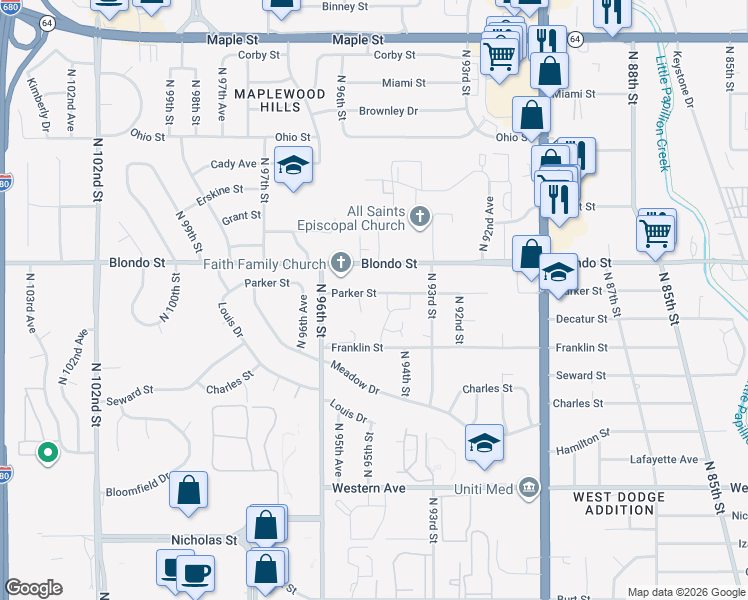 map of restaurants, bars, coffee shops, grocery stores, and more near 9419 Parker Street in Omaha