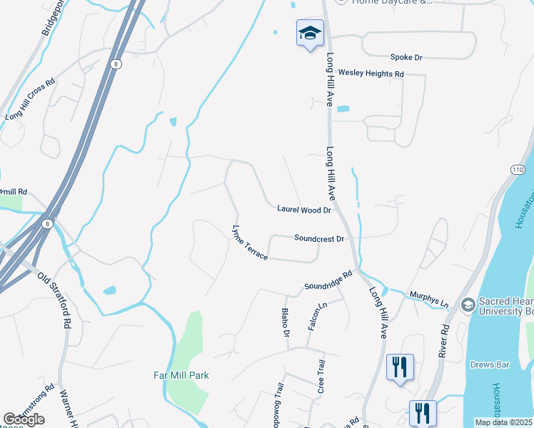 map of restaurants, bars, coffee shops, grocery stores, and more near 32 Laurel Wood Drive in Shelton